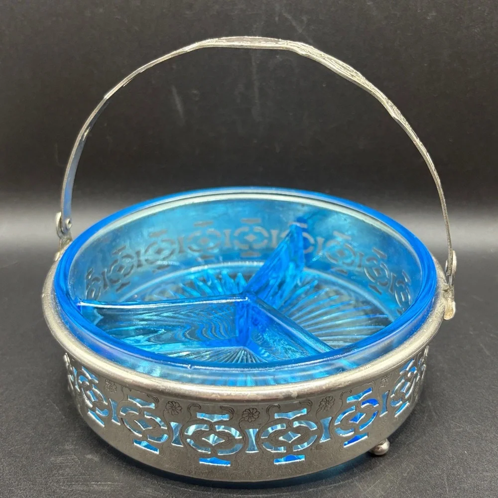 Vintage Mid Century Blue Glass Divided Dish in Silver Tone Metal Handled Basket